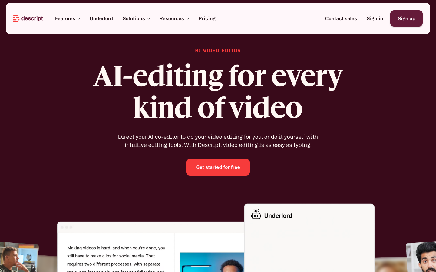 Descript homepage — AI video editor that lets you edit by editing the transcript