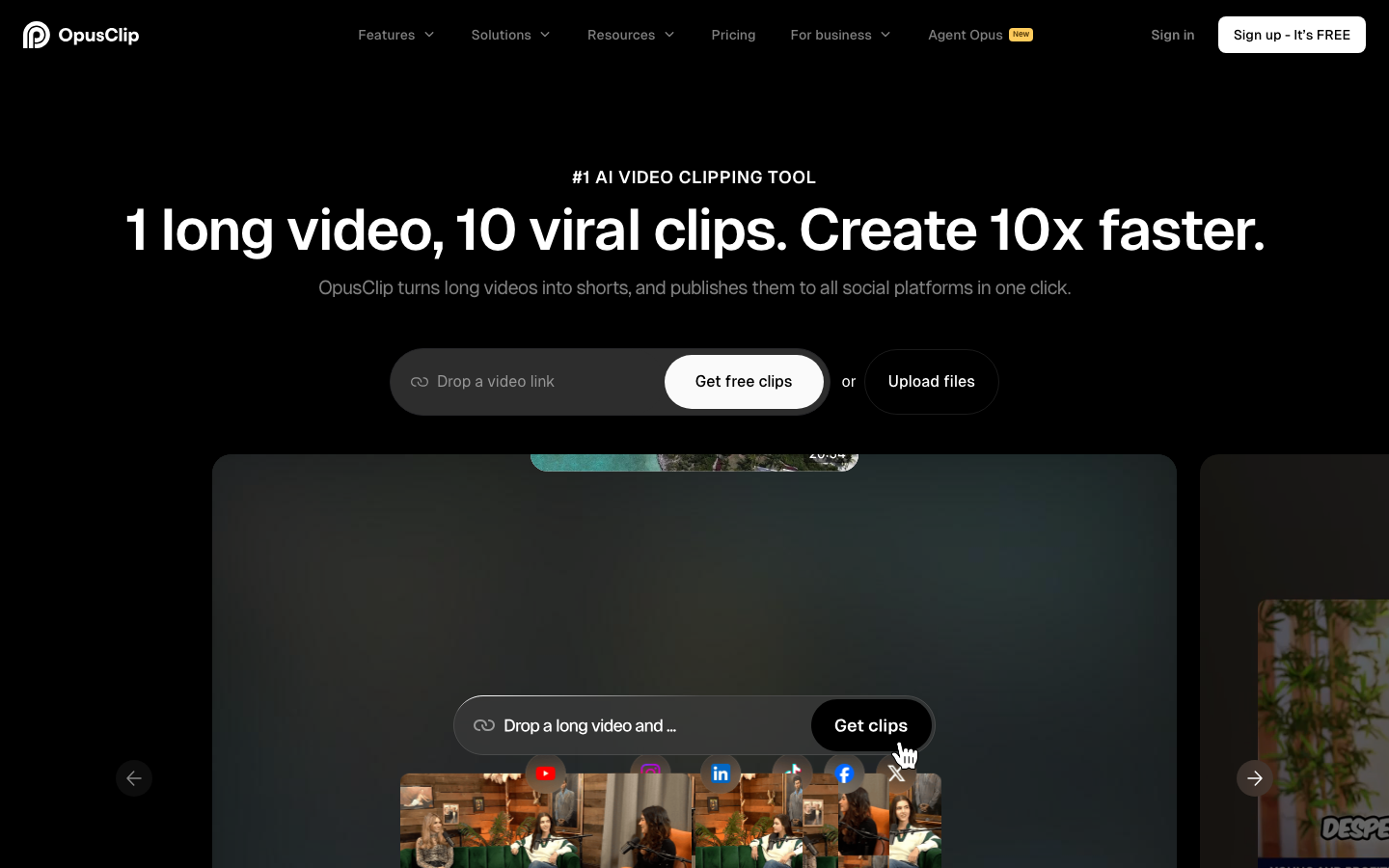 OpusClip homepage — turn one long video into ten viral short clips with AI