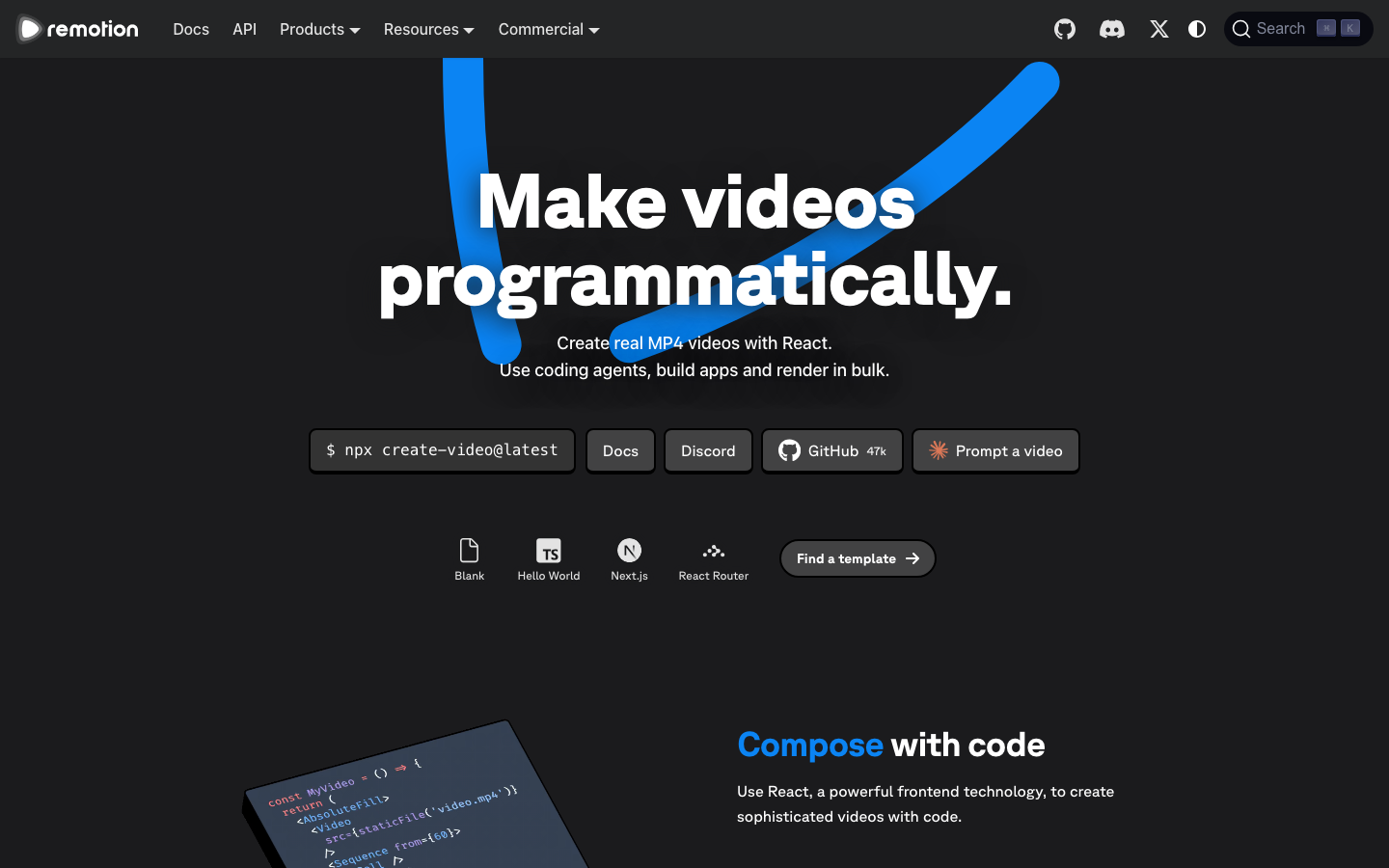 Remotion homepage — React framework to generate real MP4 videos programmatically from code