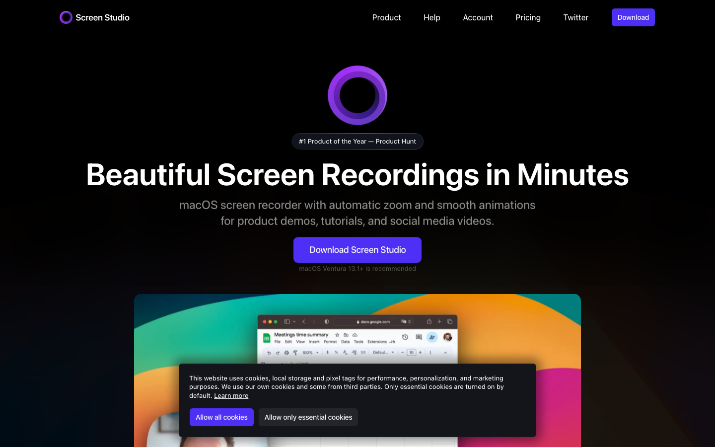Screen Studio homepage — macOS screen recorder with automatic zoom and smooth animations for product demos