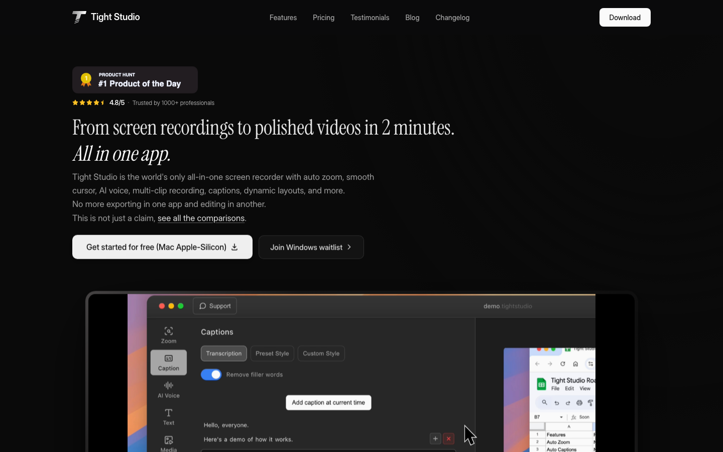Tight Studio homepage — AI screen recorder with smart zoom, AI voiceover, and captions in one app
