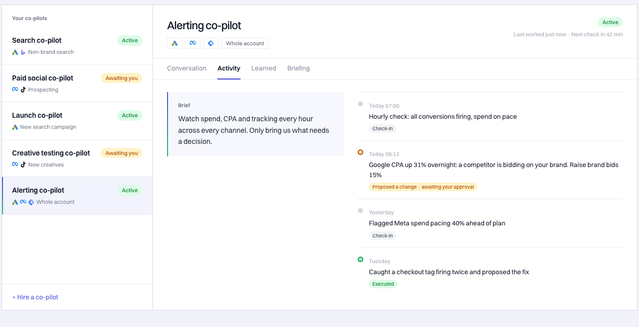 A co-pilot page: the list of co-pilots on the left with their status, and on the right the selected one showing its brief and a timeline of what it did, what it proposed and what it learned