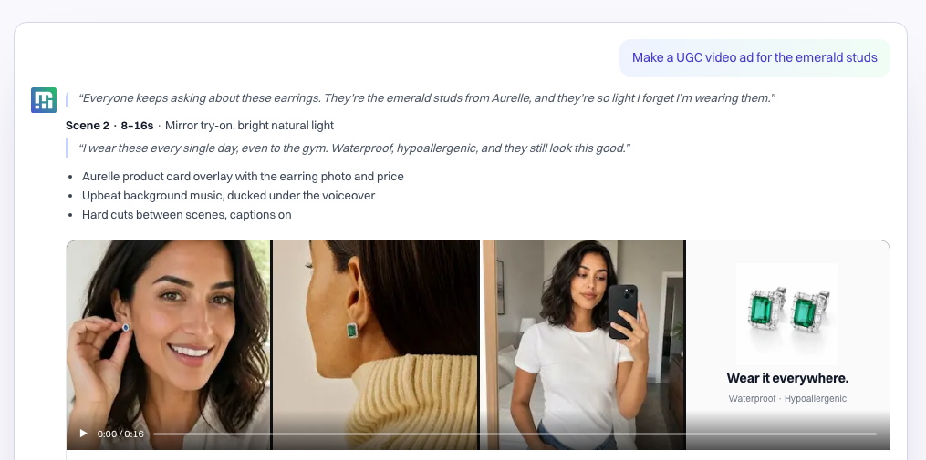 A finished video ad shown as four frames ending on a product card, with its script and scene notes above and an approve and upload button below